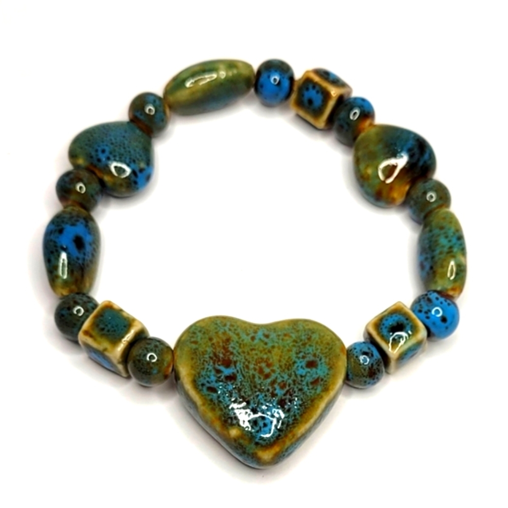 Beautiful Glazed Ceramic Bead Bracelet Earthy Blues Greens Stretch NWOT